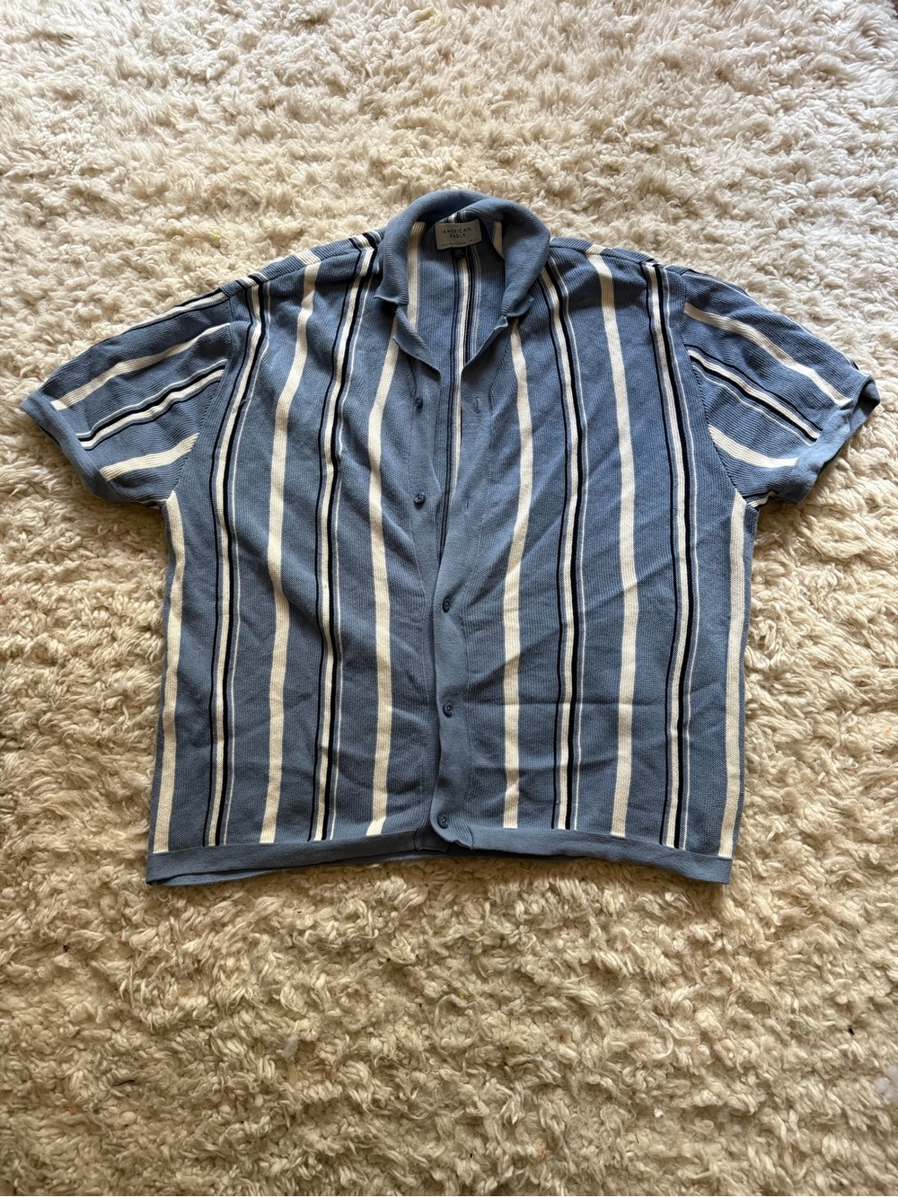 American Eagle Men's Short Sleeve Button-Up Stripe Shirt - Light Blue & White